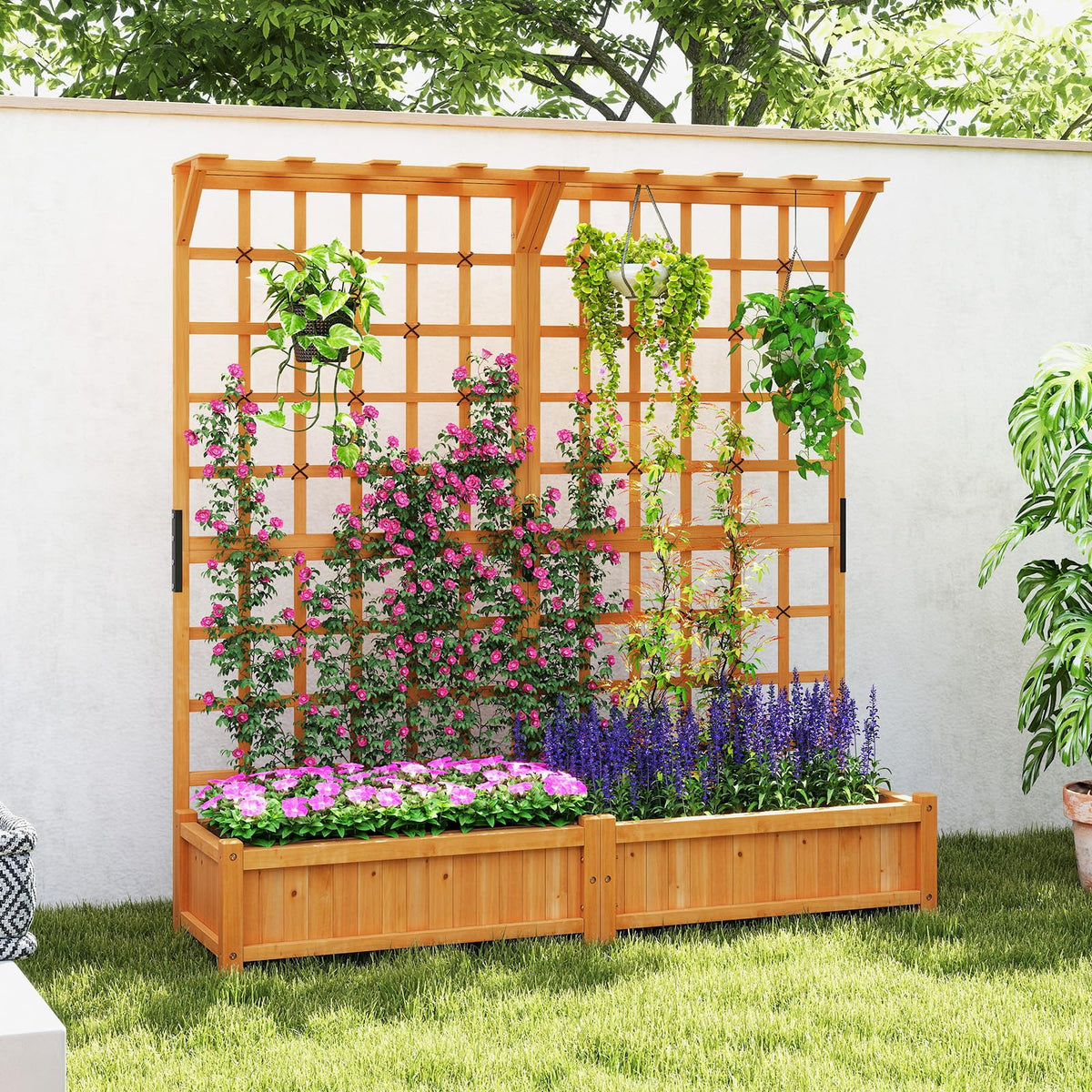 Giantex 72" Large Raised Garden Bed with Trellis & Roof, Wooden Garden Bed