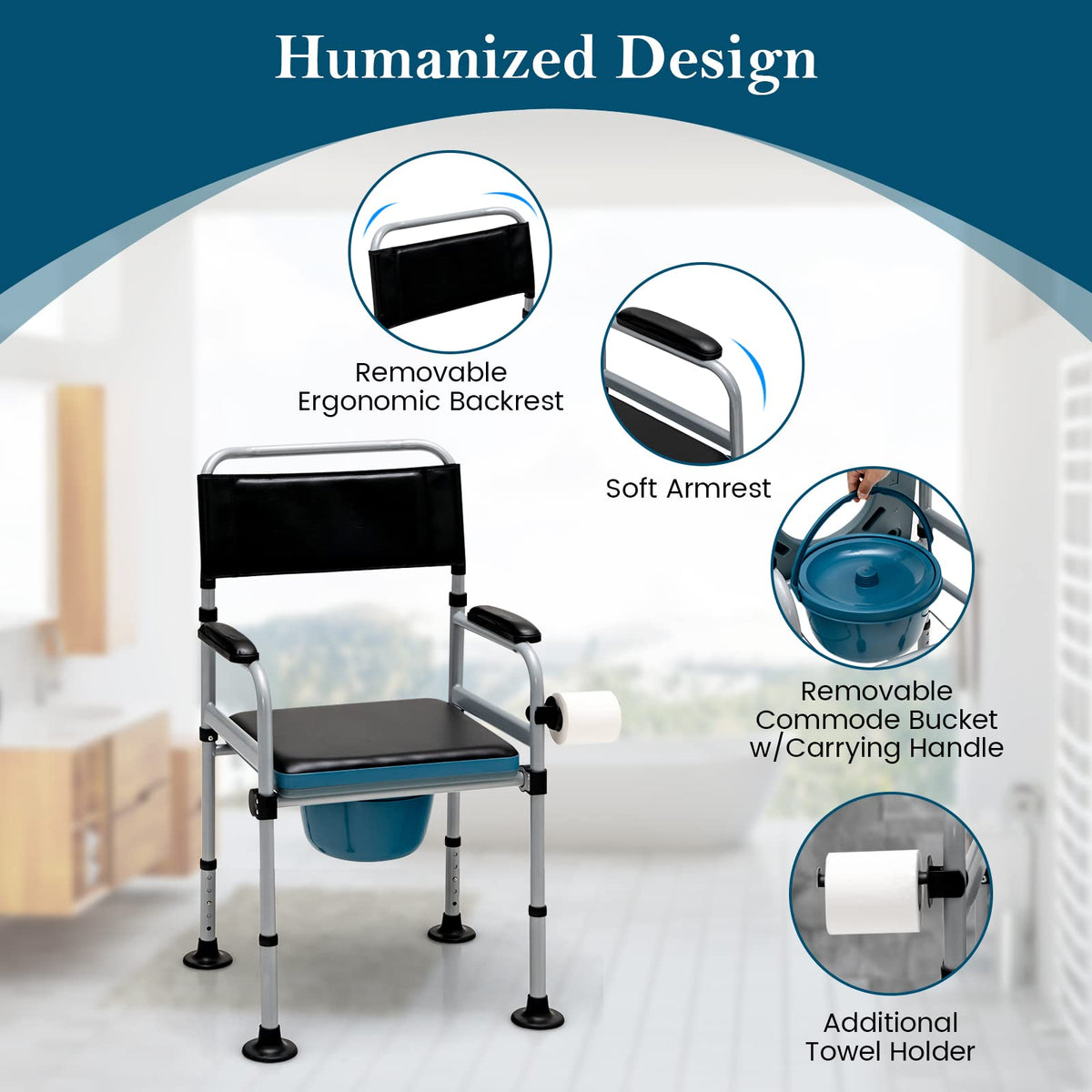 Folding Bedside Commode Chair Height Adjustable with Padded Seat and Backrest