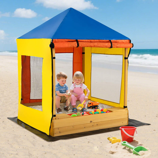 Kids Wooden Sandbox with Canopy, Outdoor Large Fir Wood Playhouse w/Bottom Liner