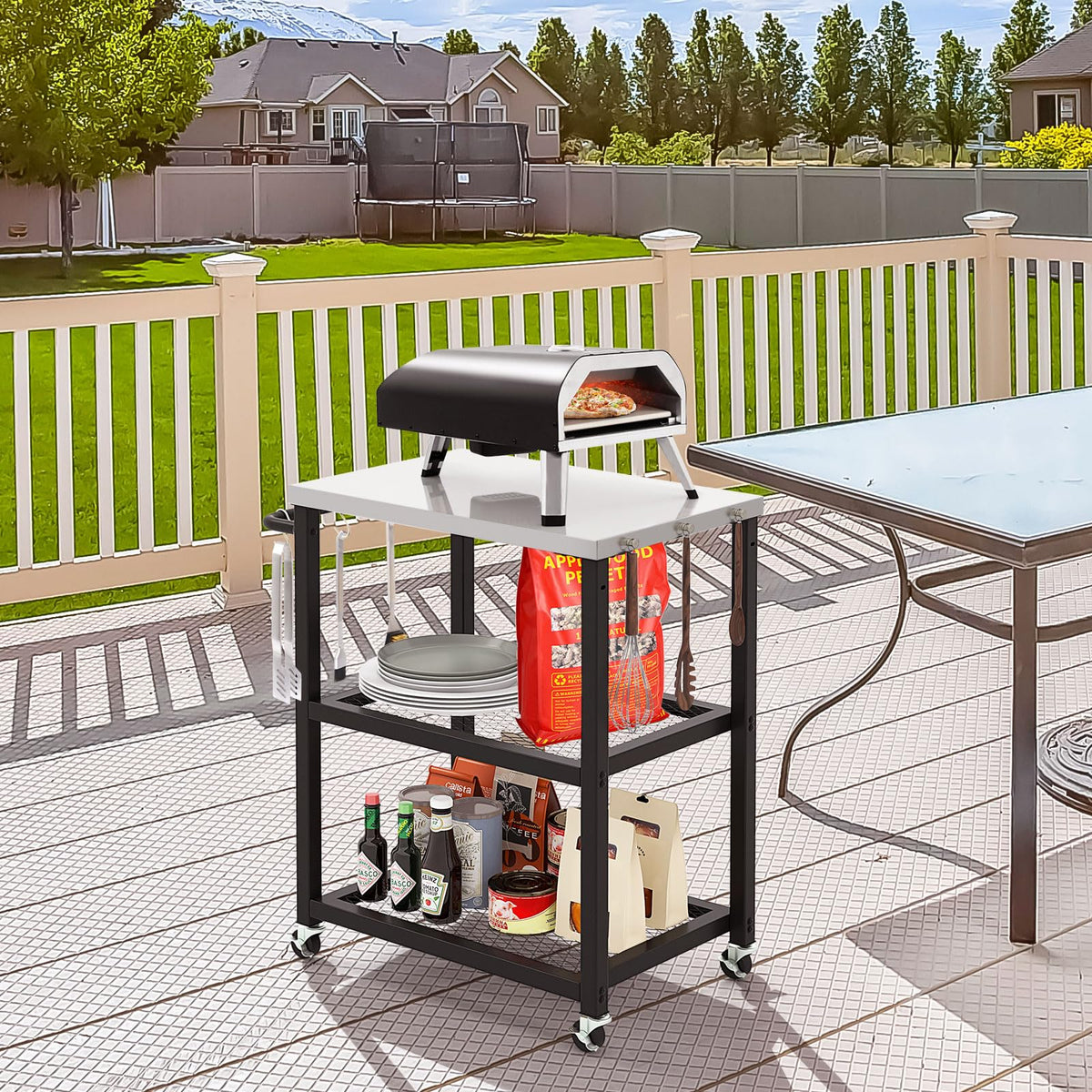 3-Tier Outdoor Grill Cart on Wheels, Pizza Oven Stand Trolley w/Stainless Steel Top & Handle