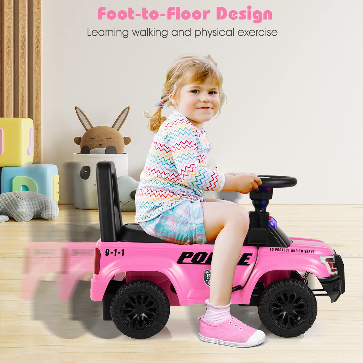 Ride On Push Police Car, Toddler Foot-to-Floor Sliding Toy with Siren
