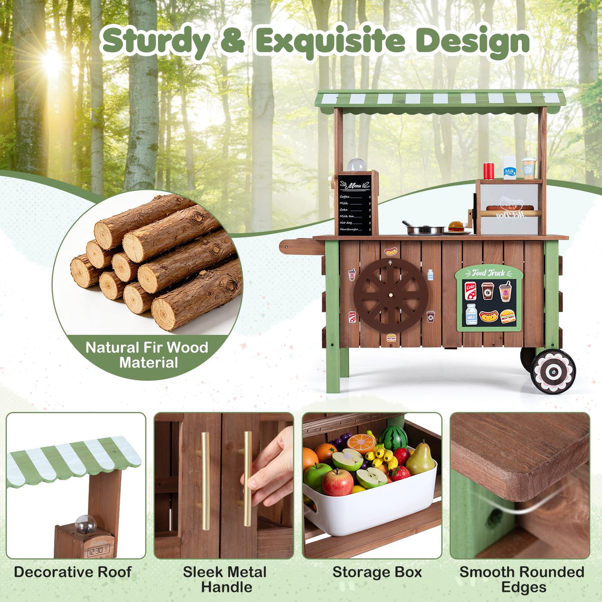 Pretend Play Market Food Cart with Ovens and Shelves for Boys and Girls