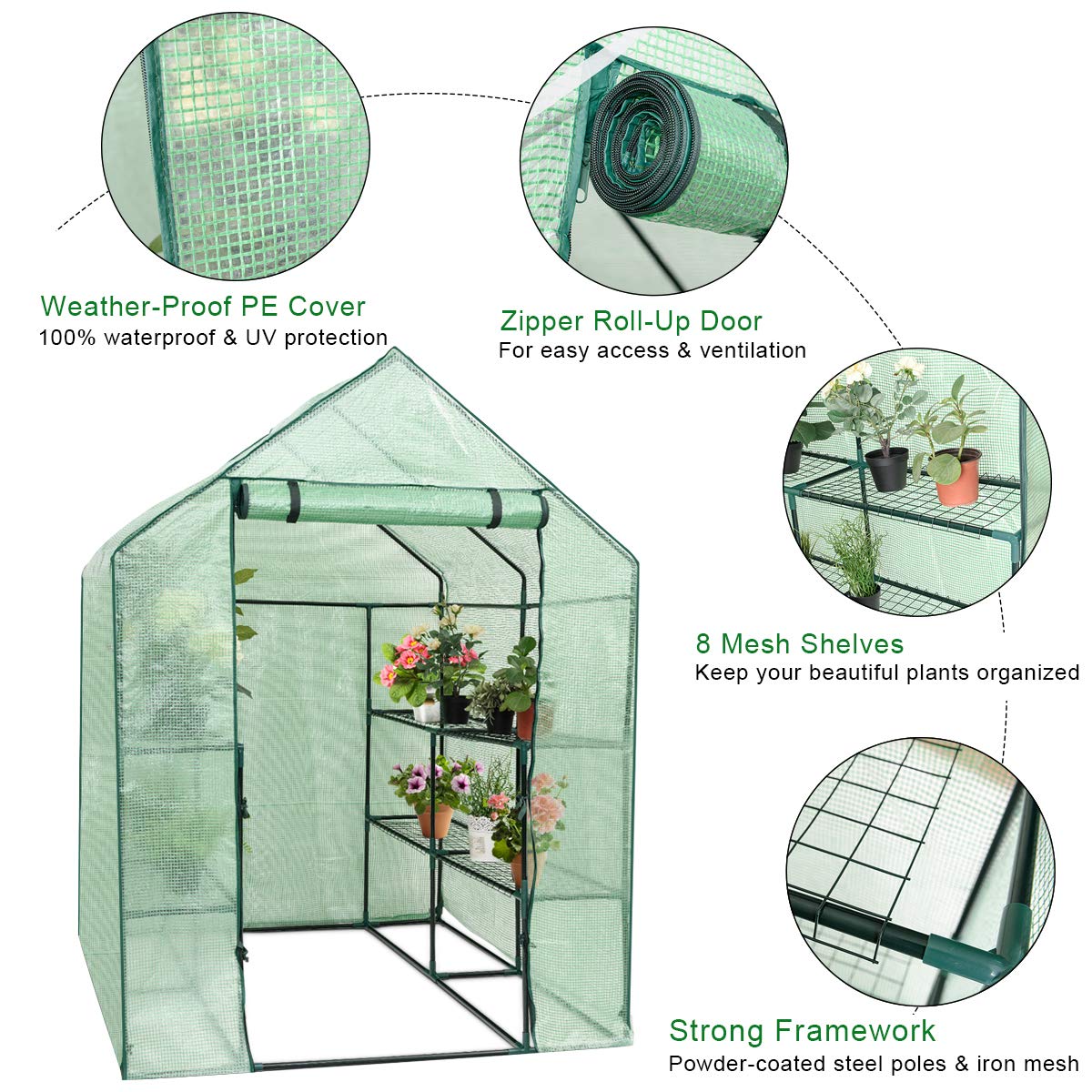 3 Tiers Outdoor Walk in Greenhouse, 12 Shelves Movable Green House Tunnel