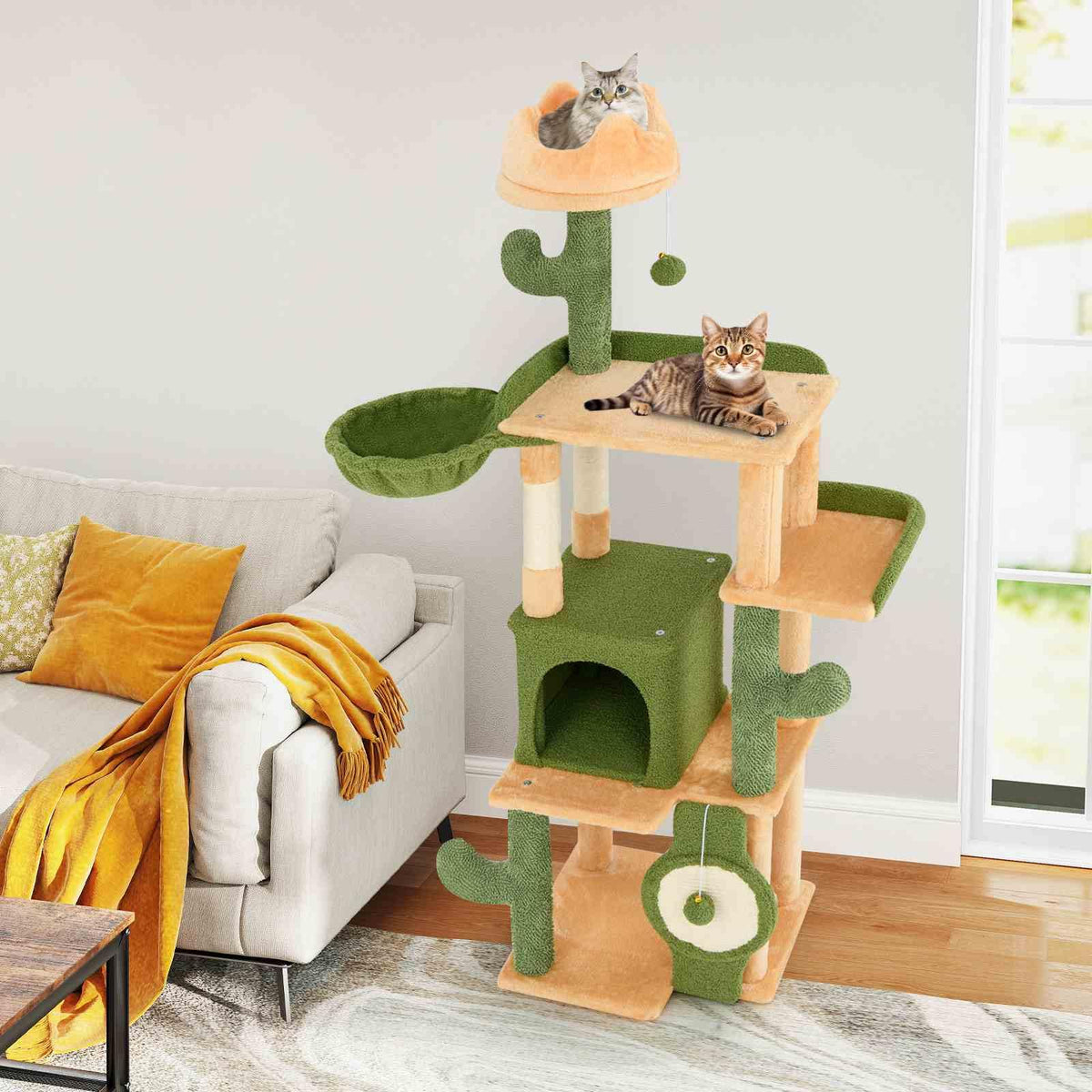 160cm Cactus Cat Tree for Indoor Cats Modern Multi-level Cat Tower w/Sisal Posts