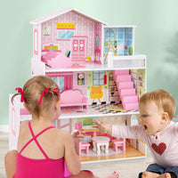 Kids Wooden Dollhouse with 5 Simulated Rooms & 10 Pieces of Furniture