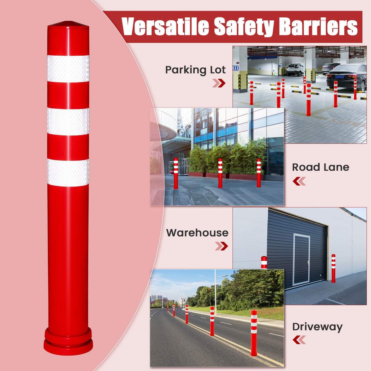 10 Pack Safety Bollard Post, 65.5 cm Delineator Post, Flexible Safety Parking Barrier with Anchor Bolt