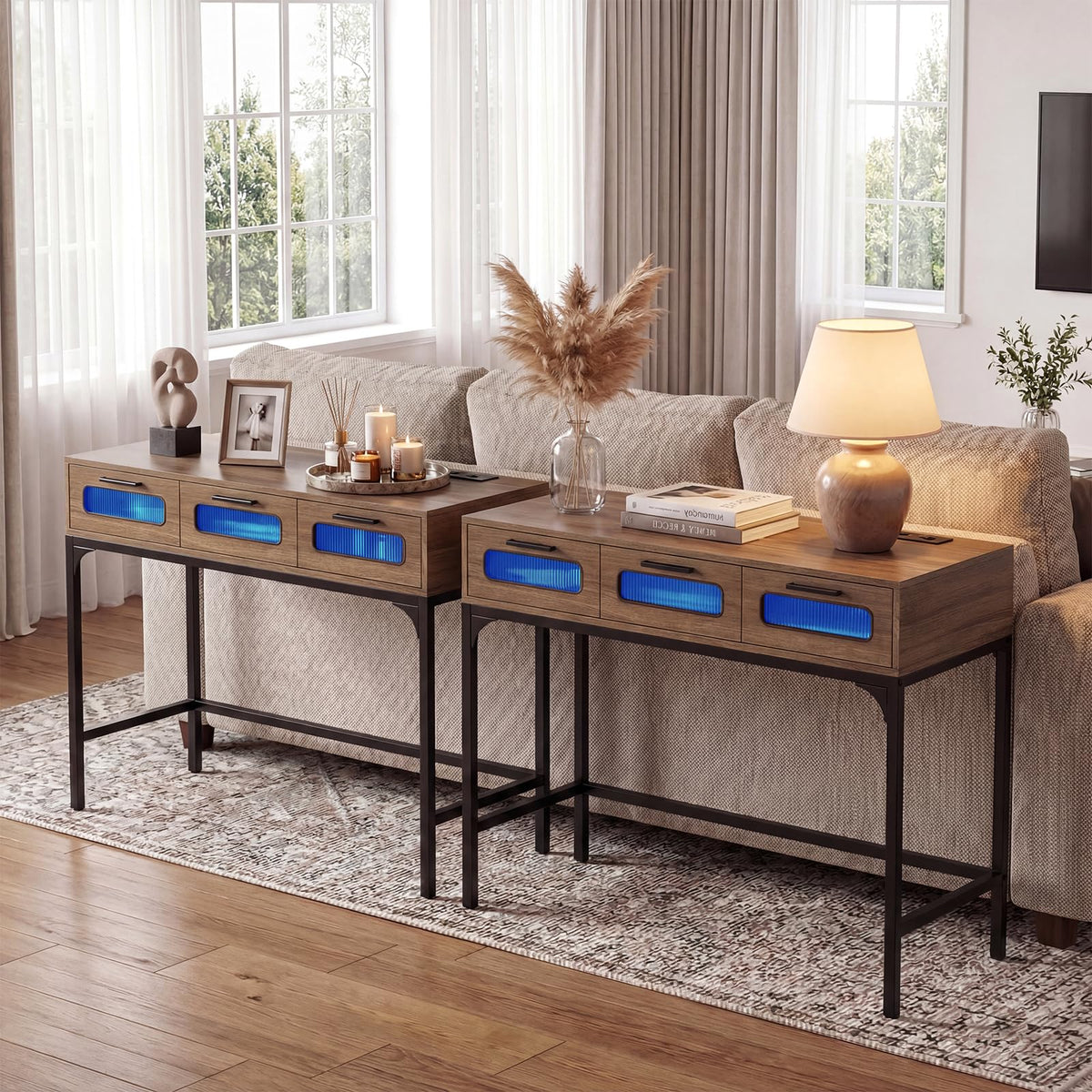Console Table with LED Lights and Charging Station for Living Room and Hallway