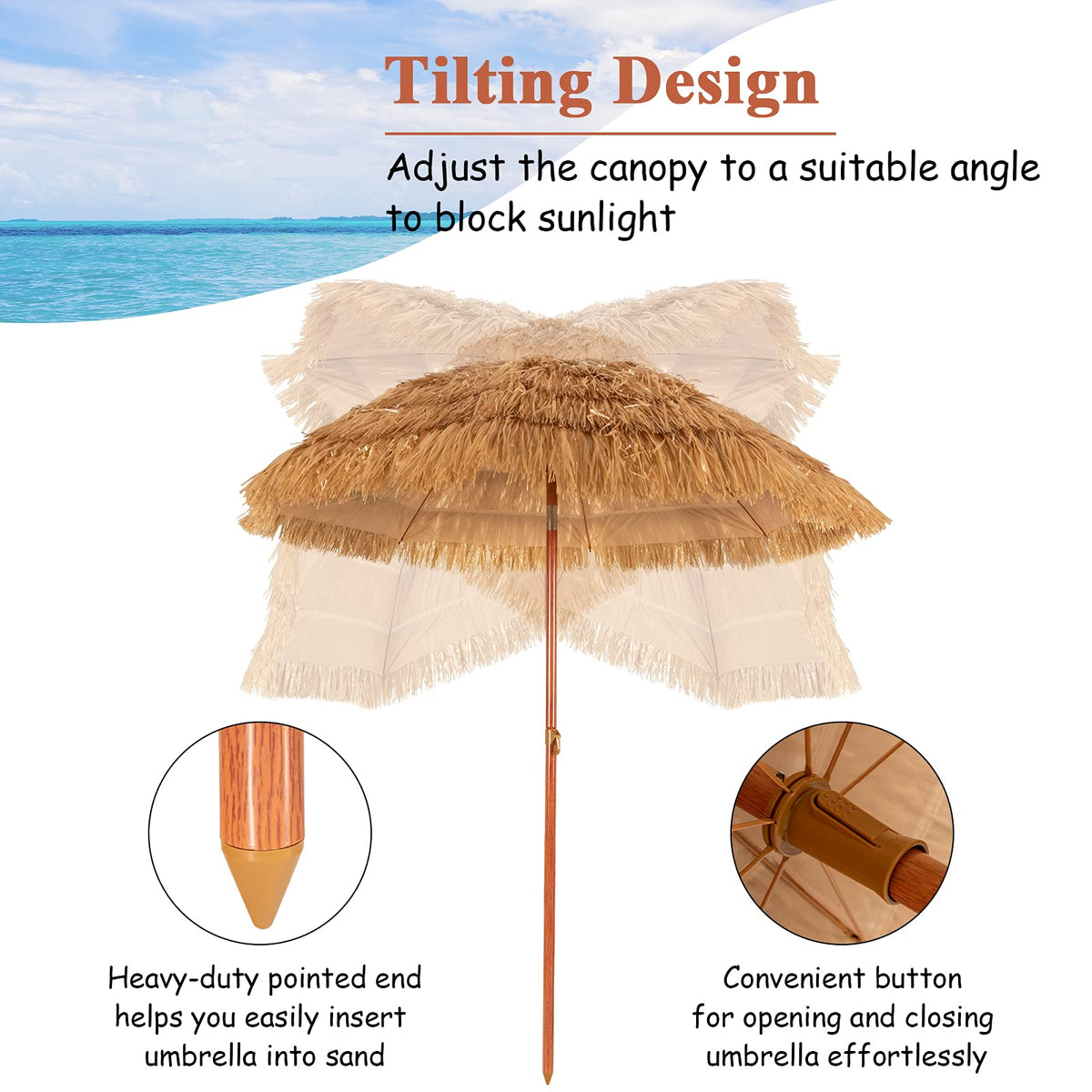 2m Thatch Patio Umbrella, Hawaiian Tiki Umbrella, Outdoor Table Hula Umbrella w/Tilt, Weather and UV Resistant