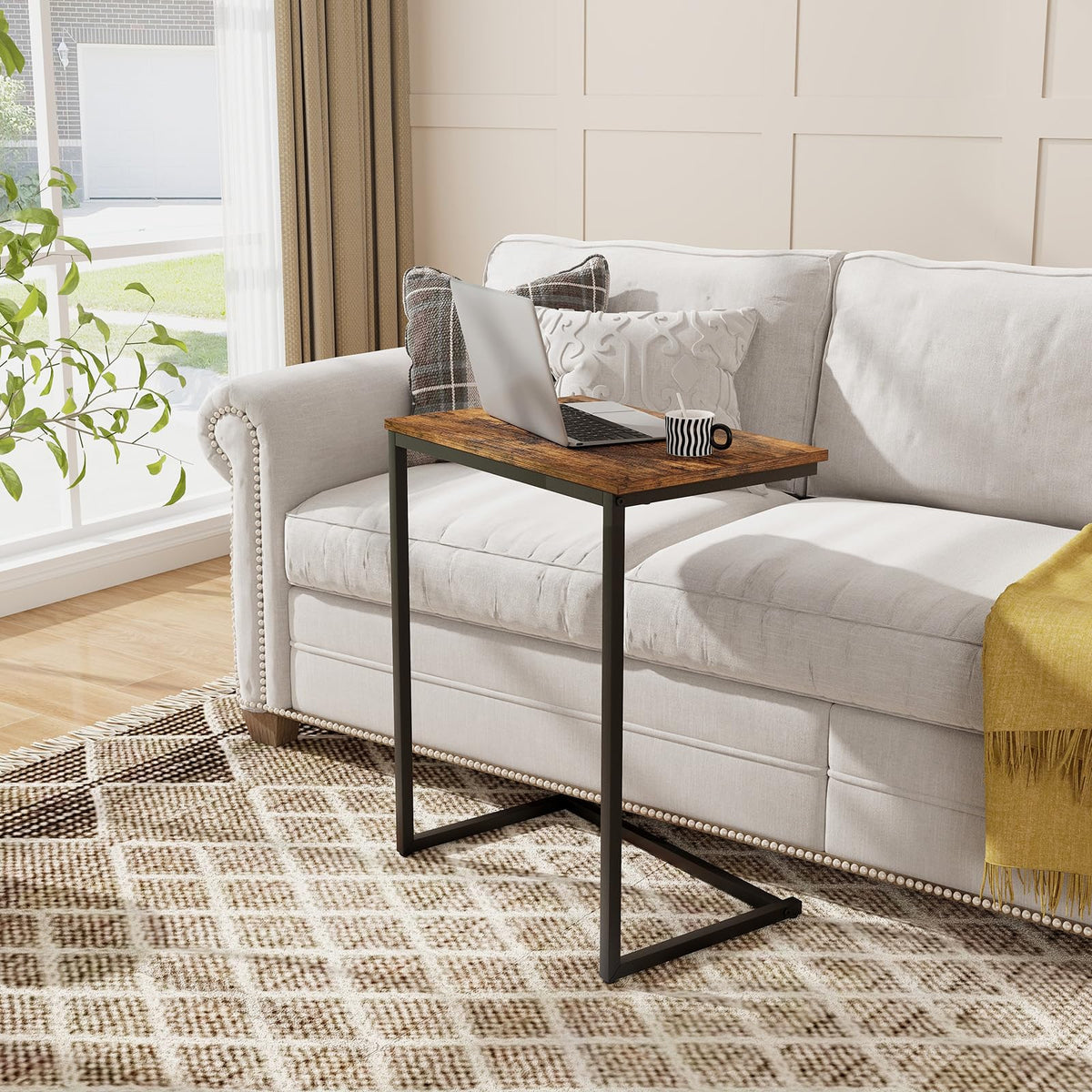 C-Shaped End Table, Vintage Accent Couch Table with Heavy-Duty Metal Frame