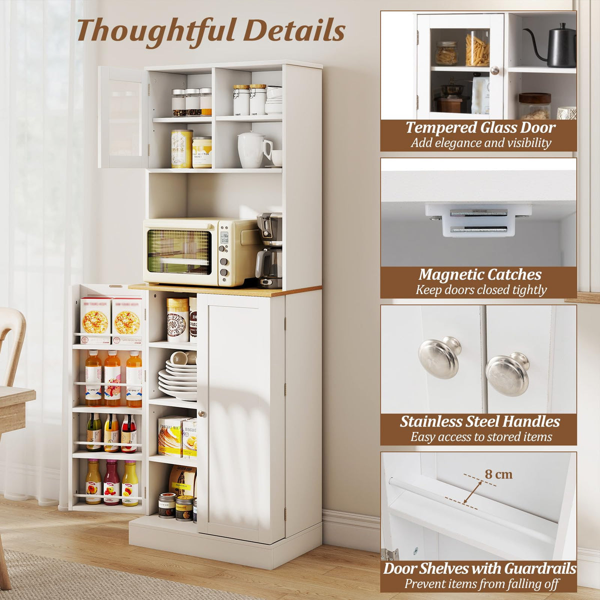 Kitchen Pantry Cabinet 170 CM Freestanding Tall Cupboard with Microwave Shelf