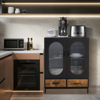 Industrial Buffet Sideboard, Floor Coffee Bar Cabinet w/Tempered Glass Doors & 2 Pull-Out Drawers
