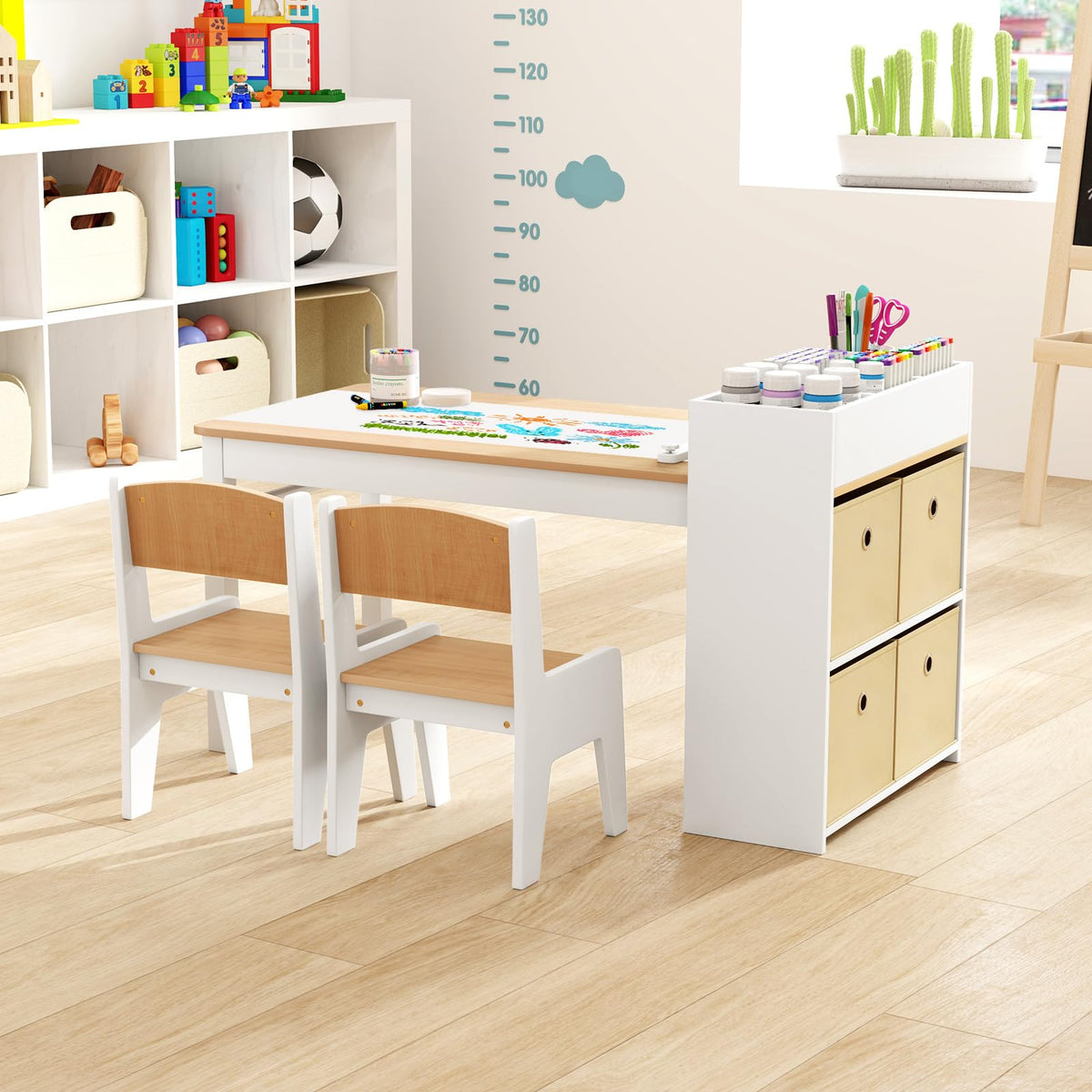 Wooden Kids Art Craft Study Table and Chairs Set with Paper Roll