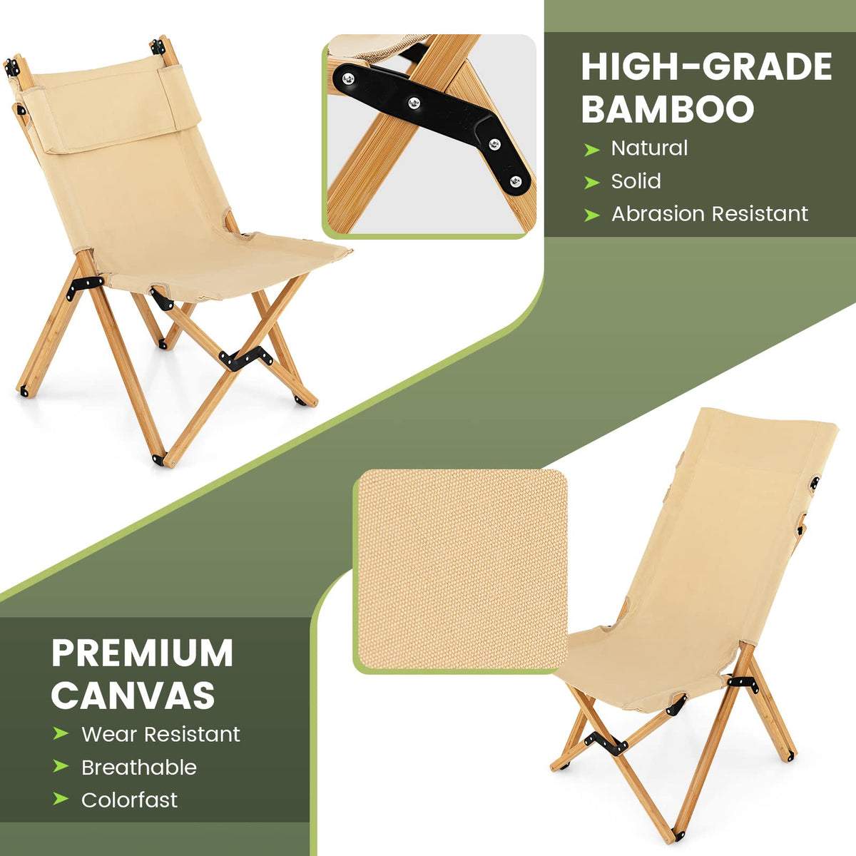 Portable Folding Camping Chair with 2-Level Adjustable Backrest for Picnic, Beach