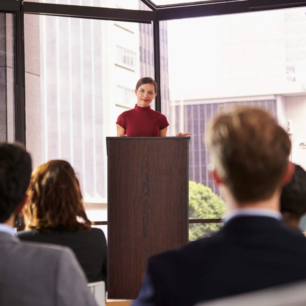 Giantex Floor Standing Podium, Wooden Speaking Lectern with Adjustable Shelf