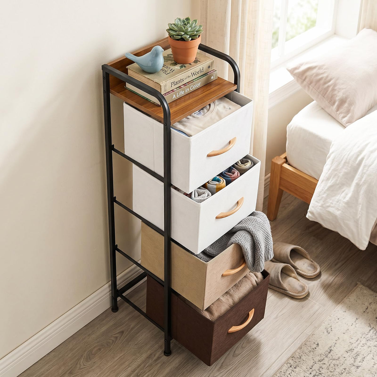 Giantex 4-Drawer Narrow Dresser with Removable Fabric Bins & Top Shelf