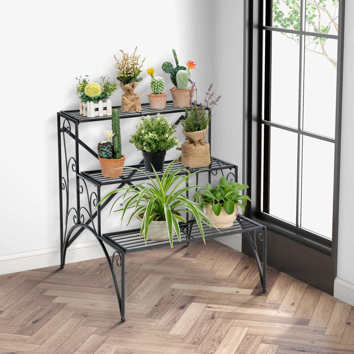 3-Tier Ladder Style Plant Rack with Widened Grid Shelf
