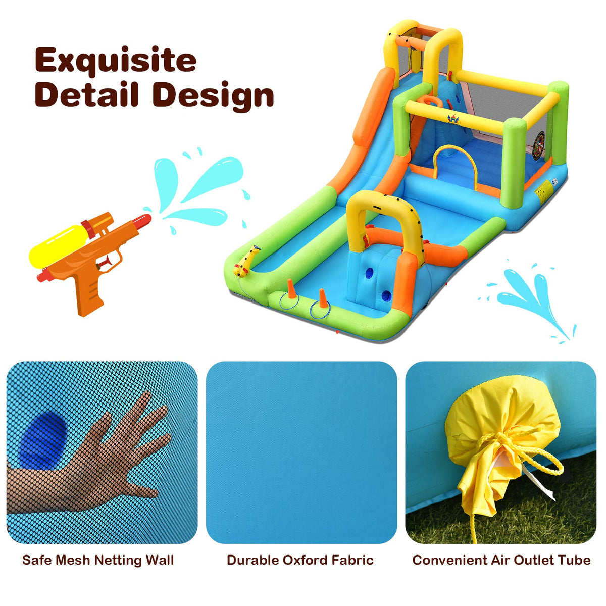 Inflatable Water Slide, Inflatable Bounce House w/Double Slides, Basketball Hoop