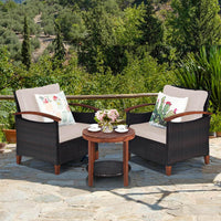 3 Piece Patio Sofa Set, 2 Rattan Chairs w/ 2-Tier Coffee Table