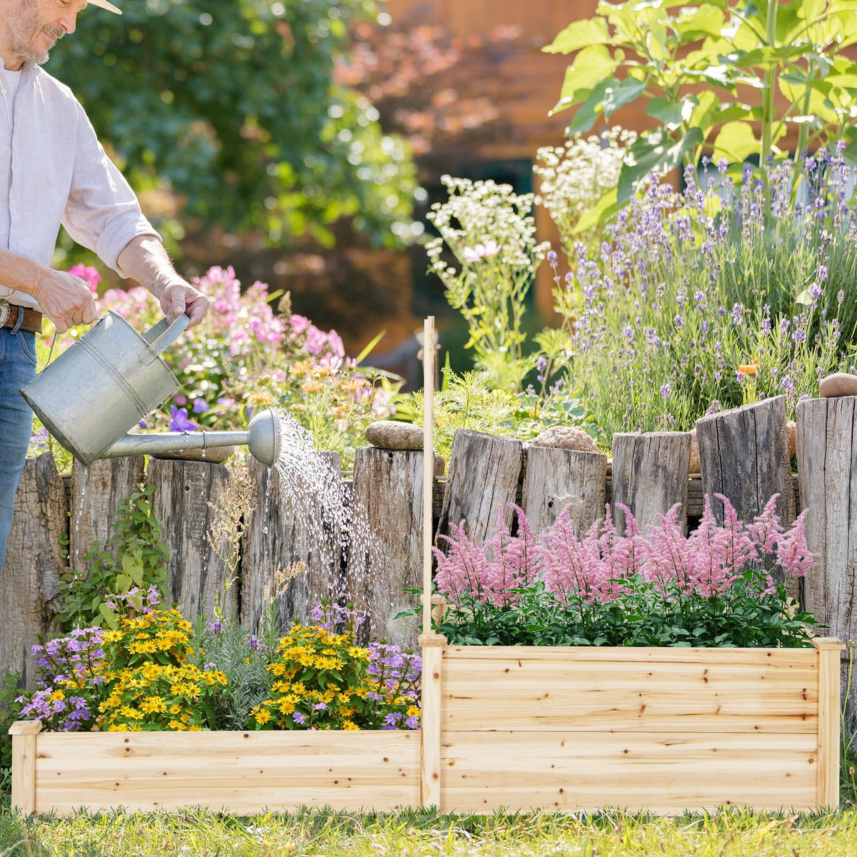 2-Tier Wood Planter Box w/Open-Ended Bottom for Vegetables