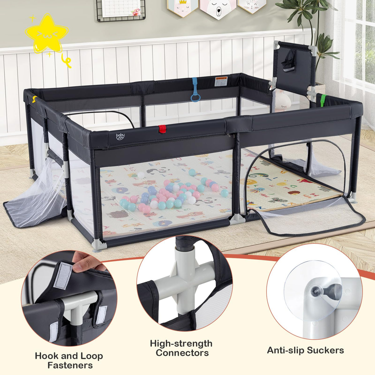 185×155 cm Large Baby Playpen Playard with Basketball Hoop and Soccer Gates