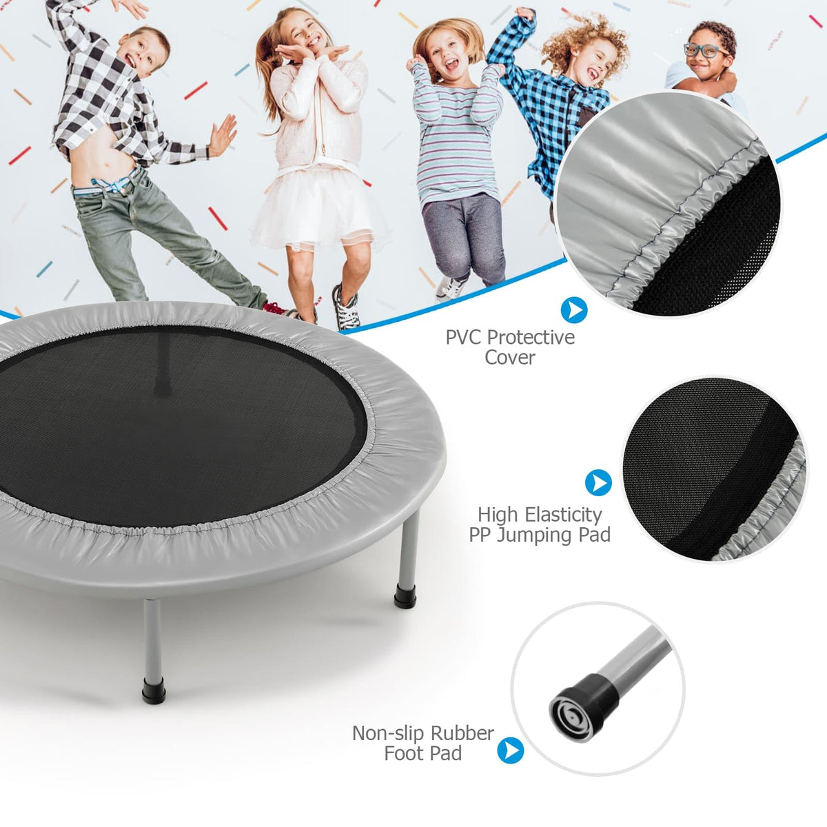 38” Mini Folding Trampoline, Portable Recreational Fitness Rebounder for Kids, Max Load 150kg