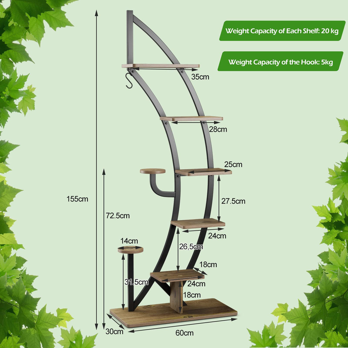 6-Tier Tall Metal Plant Stand Rack, Curved Half Moon Shape Ladder Planter Shelf W/ Top Hook