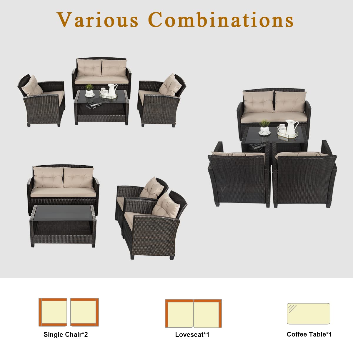 4 Pcs Outdoor Furniture Set, Patio Rattan Wicker Conversation Set, Tempered Glass Tabletop & Sponge Cushions, Mixed Brown & Beige