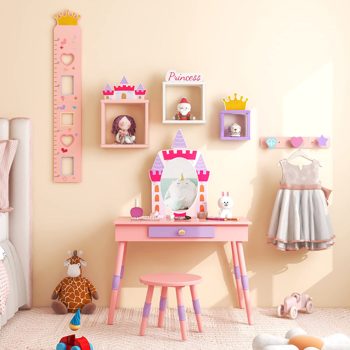 Princess Makeup Dressing Table with Drawer and Mirror-Pink