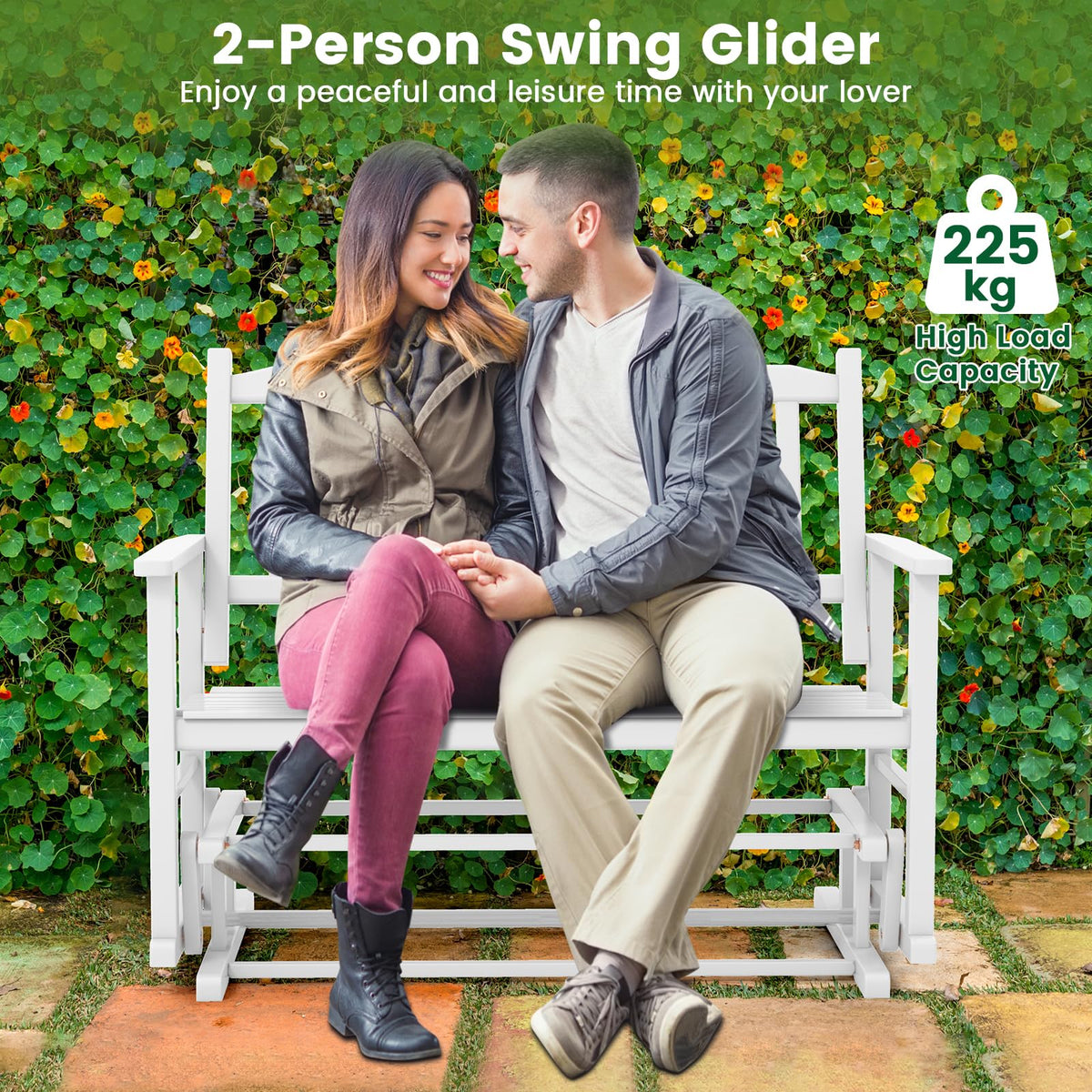 Patio Glider Loveseat Chair Swing Rocking Bench with Slatted Seat and Curved Backrest