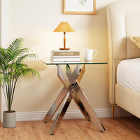 Glass Side Table with Tempered Glass Top and Metal X Base for Living Room and Bedroom