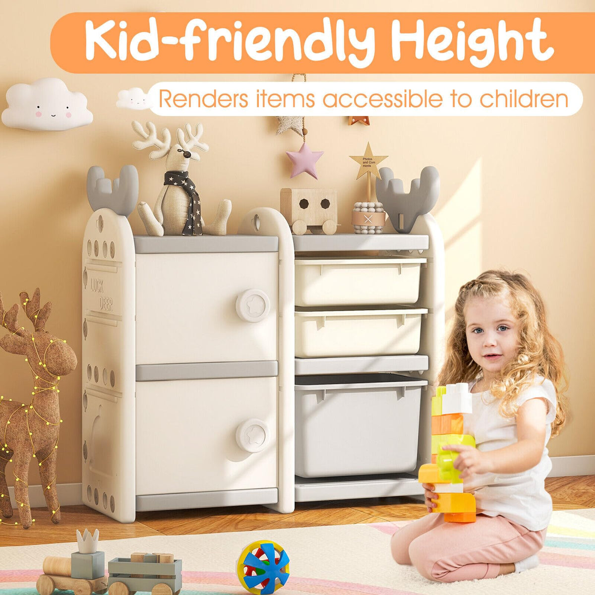 Kids Toy Storage Organiser Toy Chest and Bookshelf with Antler Top