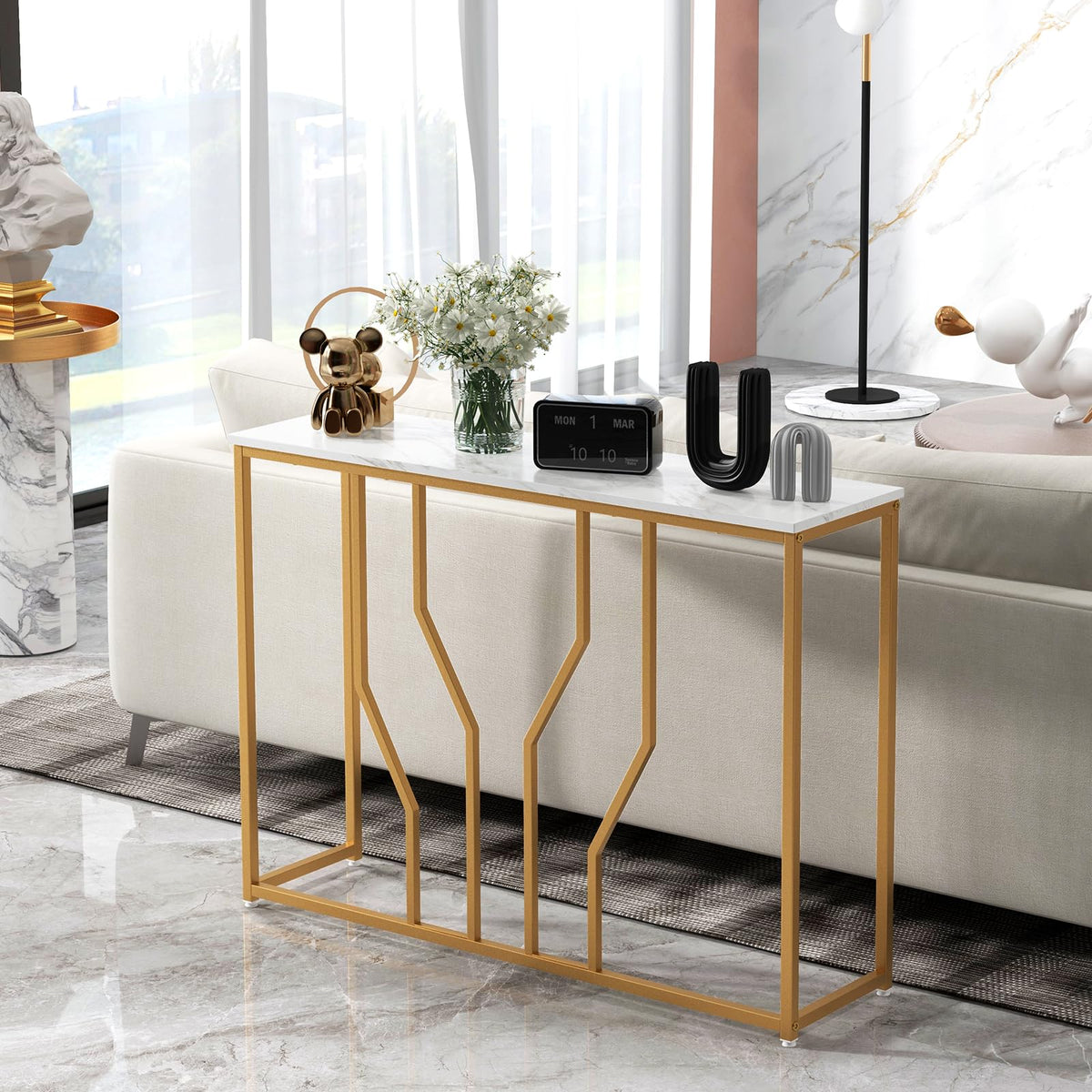 Giantex Gold Console Table, 110 cm Modern White Entryway Table with Faux Marble Tabletop