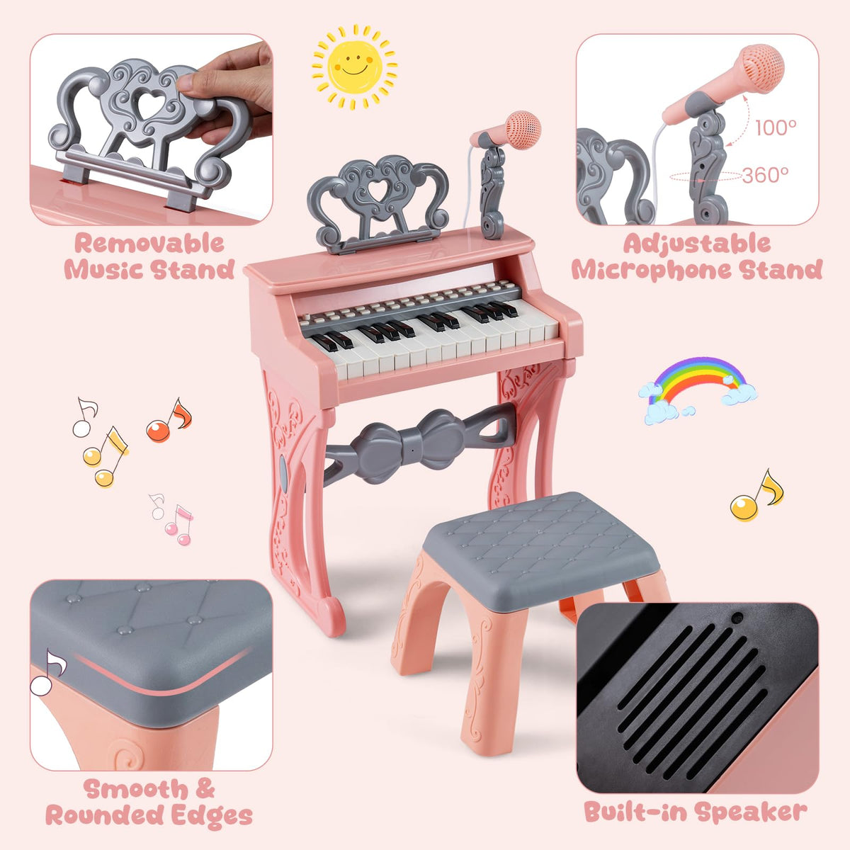 Mini Keyboard Piano for Kids 25 Keys Electric Piano with Stool Music Stand and Microphone
