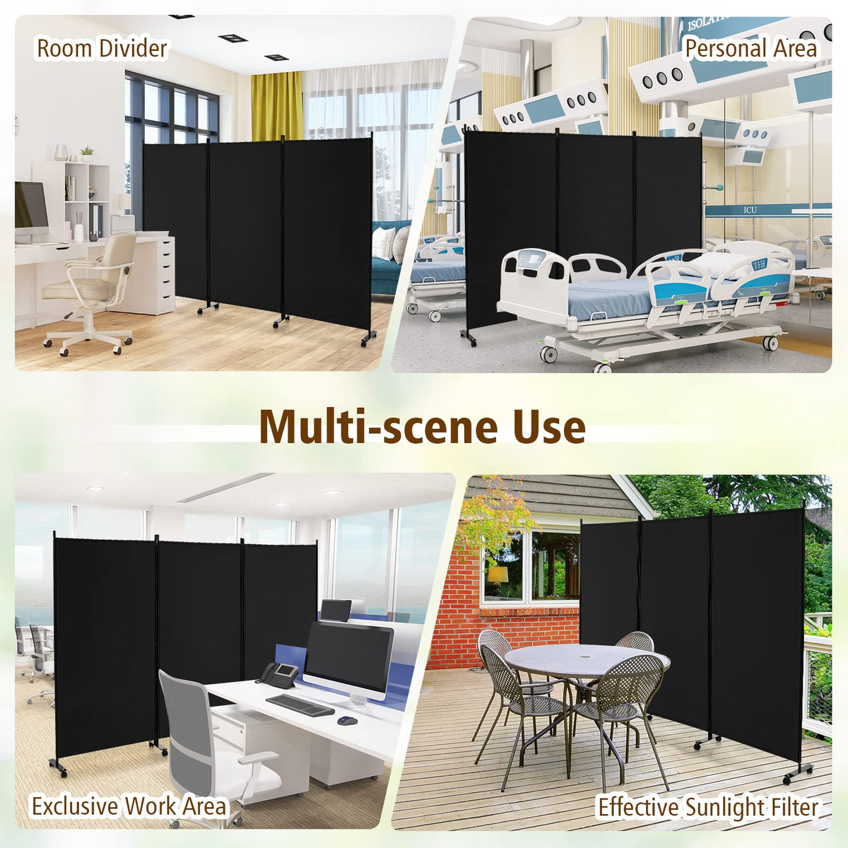 Giantex 3-Panel Folding Room Divider, 180 CM Rolling Privacy Screen with Lockable Wheels