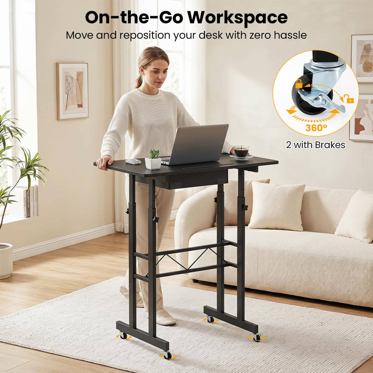 Standing Desk Height Adjustable with Fabric Drawer and Lockable Wheels