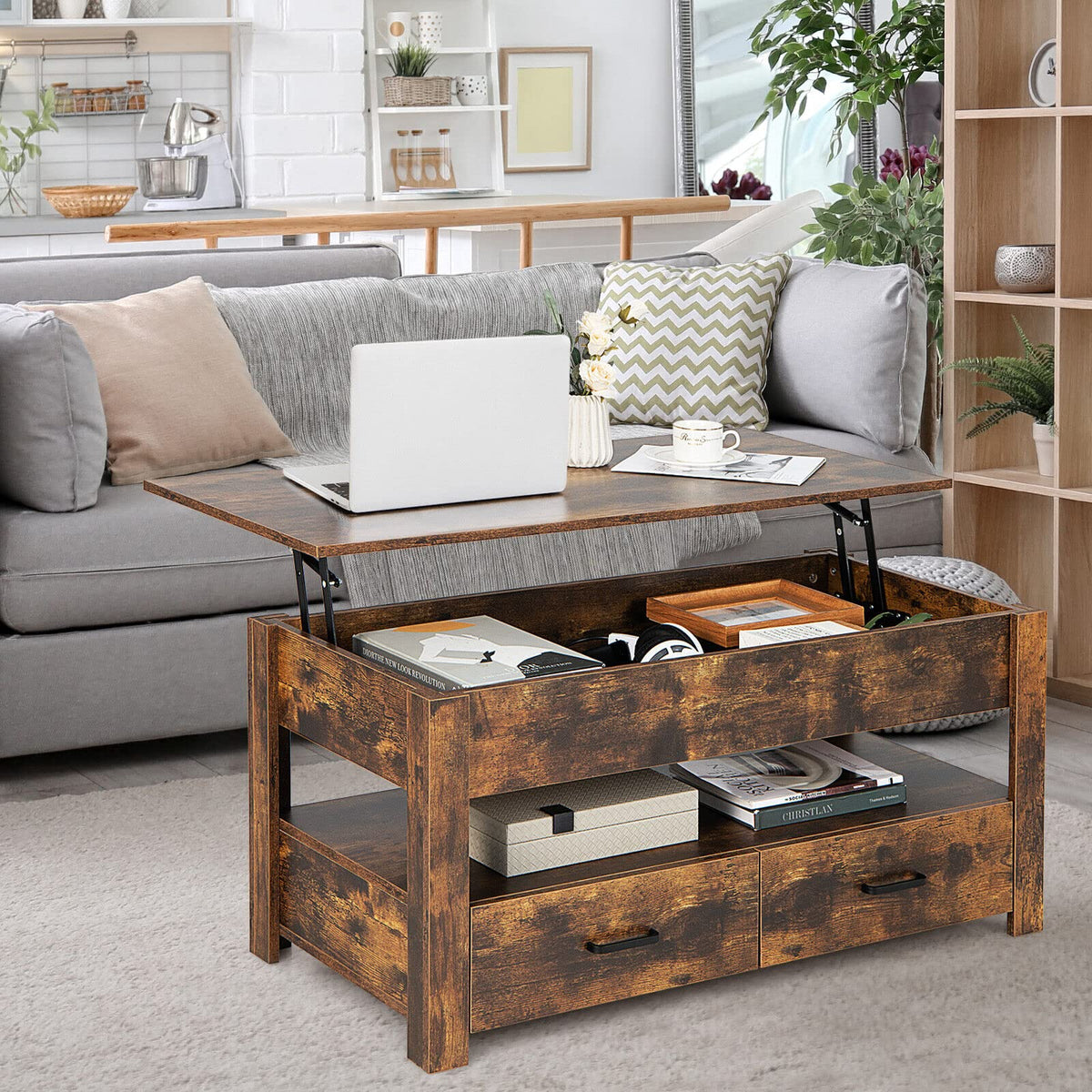 Giantex Lift Top Coffee Table, Industrial Accent Table with Enclosed Compartment, Rustic Brown