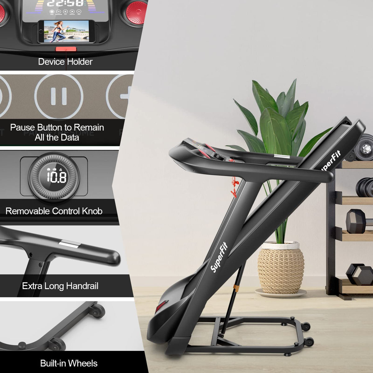Fold Out Controls 4.75HP Folding Treadmill with Voice Control & 20 Preset Programs & Aut ...
