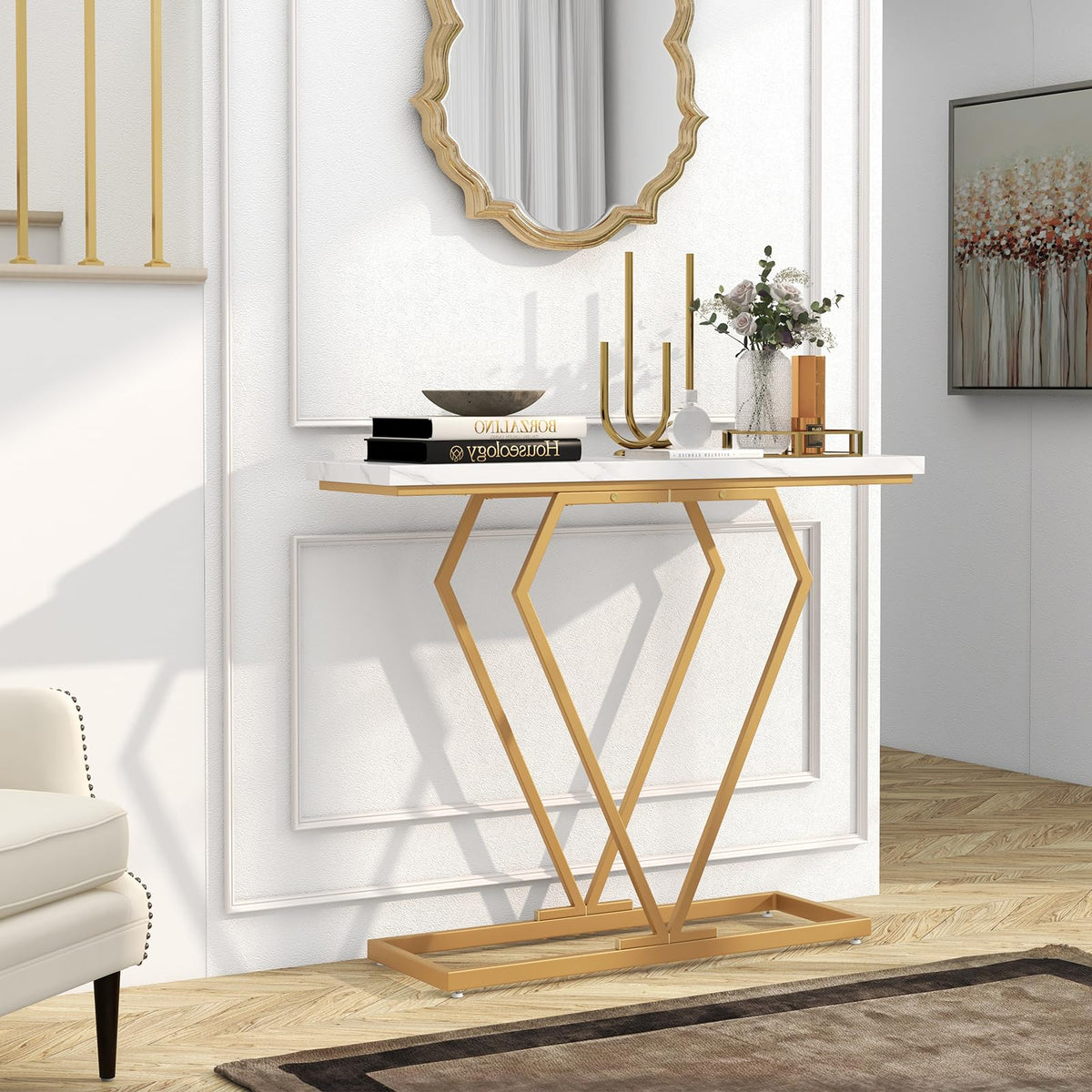 Giantex Modern Console Table, Faux Marble Narrow Entryway Table with Diamond Shape Geometric Frame