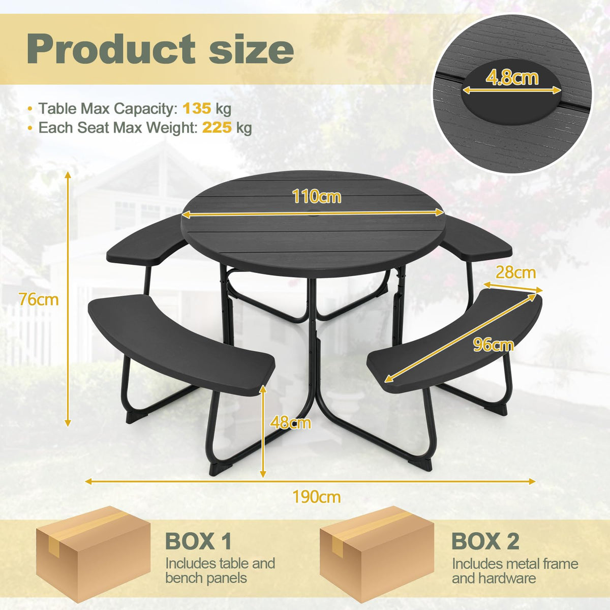 8-Person Round Picnic Table Bench Set