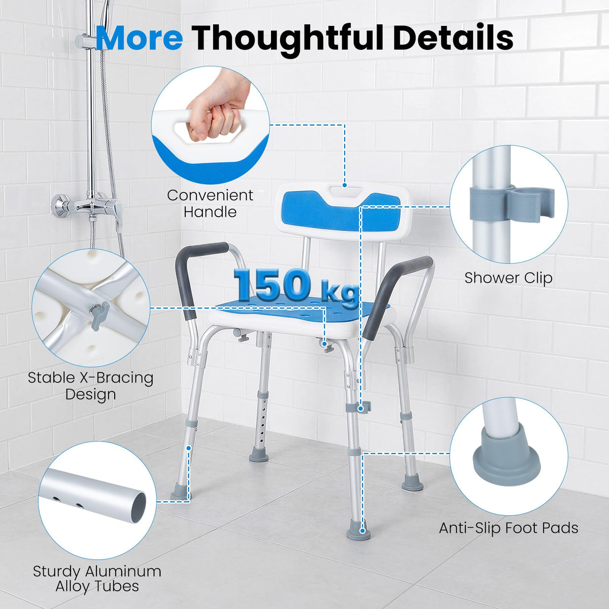 6-PositionAdjustable Height Shower Chair with Back and Arms