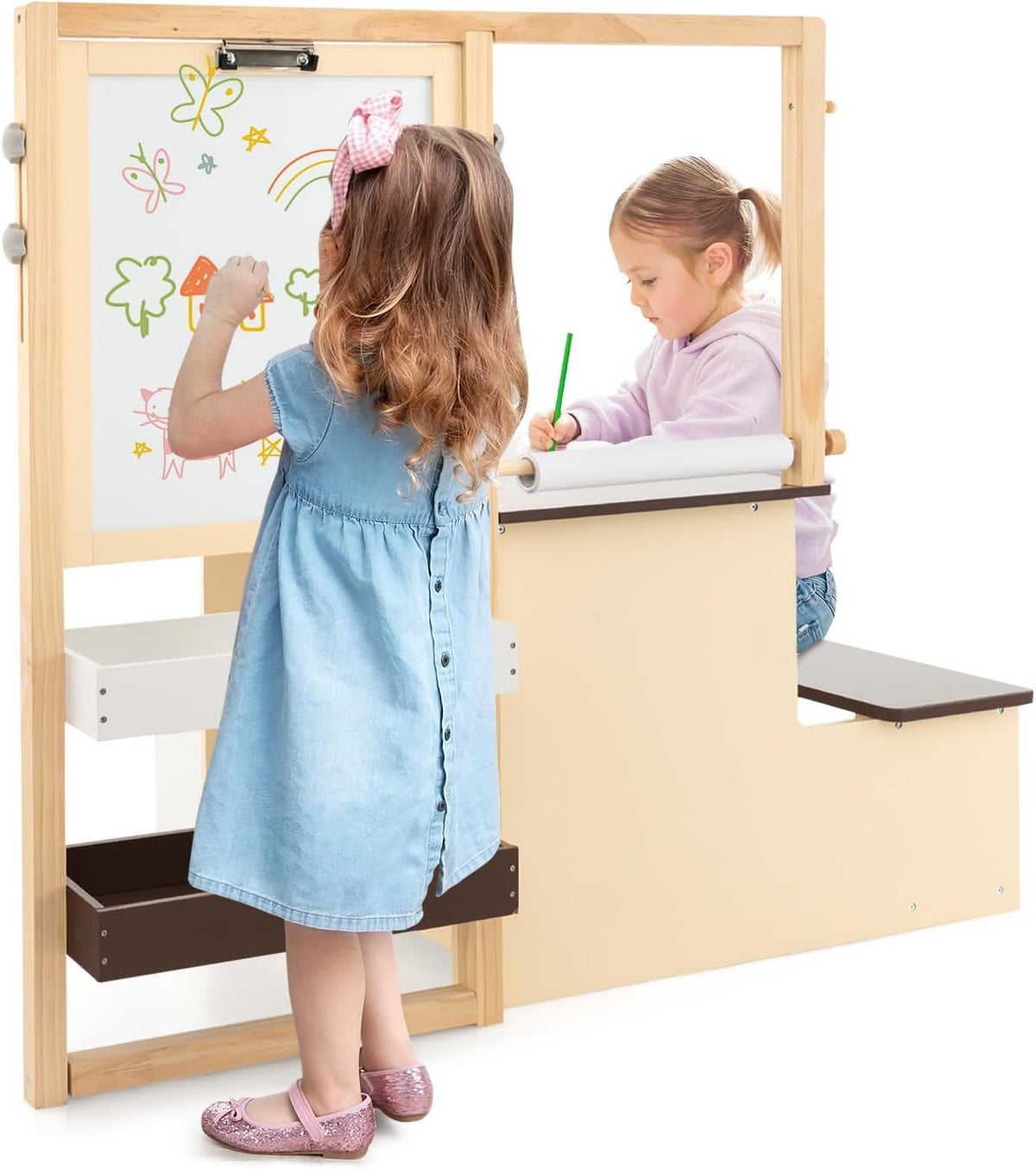 Kids Art Table & Bench Set with Double-Sided Adjustable Easel
