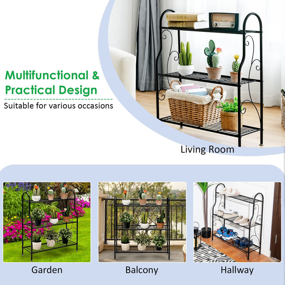 3-Tier Scrollwork Design Metal Plant Stand for Balcony Garden Yard