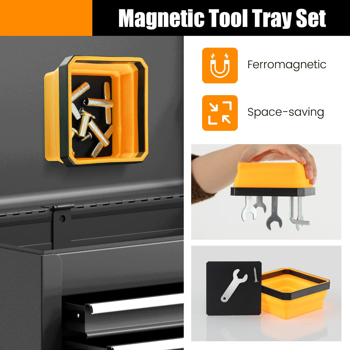 4 Pack Magnetic Foldable Parts Tray Set, Collapsible Bowl Set for Screws