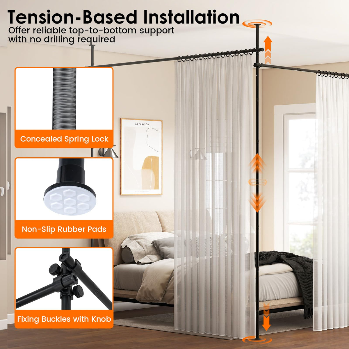 Room Divider Curtain Rod with Adjustable Floor for Apartment and Bedroom