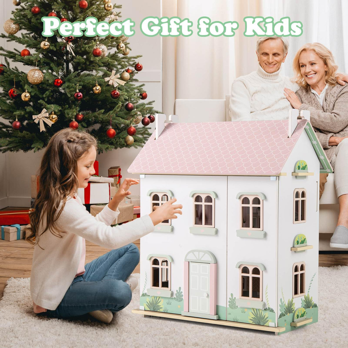 Kids Wooden Dollhouse with Double-Sided Roofs and Openable Doors