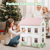 Kids Wooden Dollhouse with Double-Sided Roofs and Openable Doors