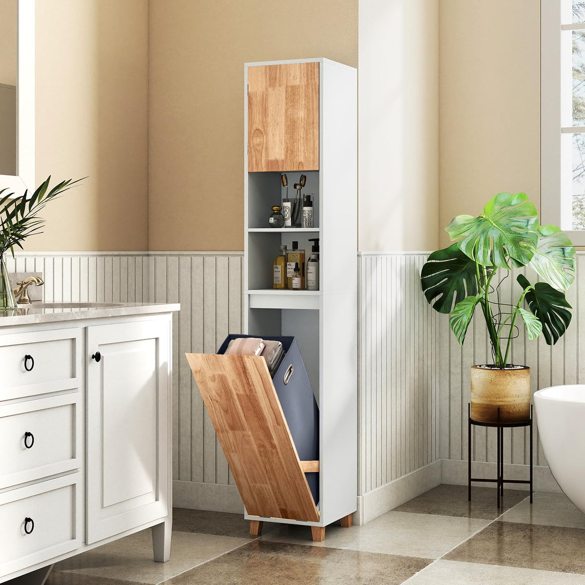Tall Bathroom Storage Organizer Unit with Rubber Wood Doors