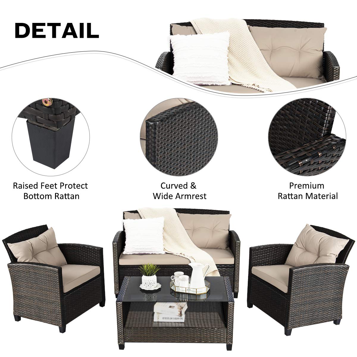 4 Pieces Outdoor Rattan Furniture Set, Patio Wicker Conversation Sofa w/Chairs, Tempered Glass Coffee Table & Soft Cushions