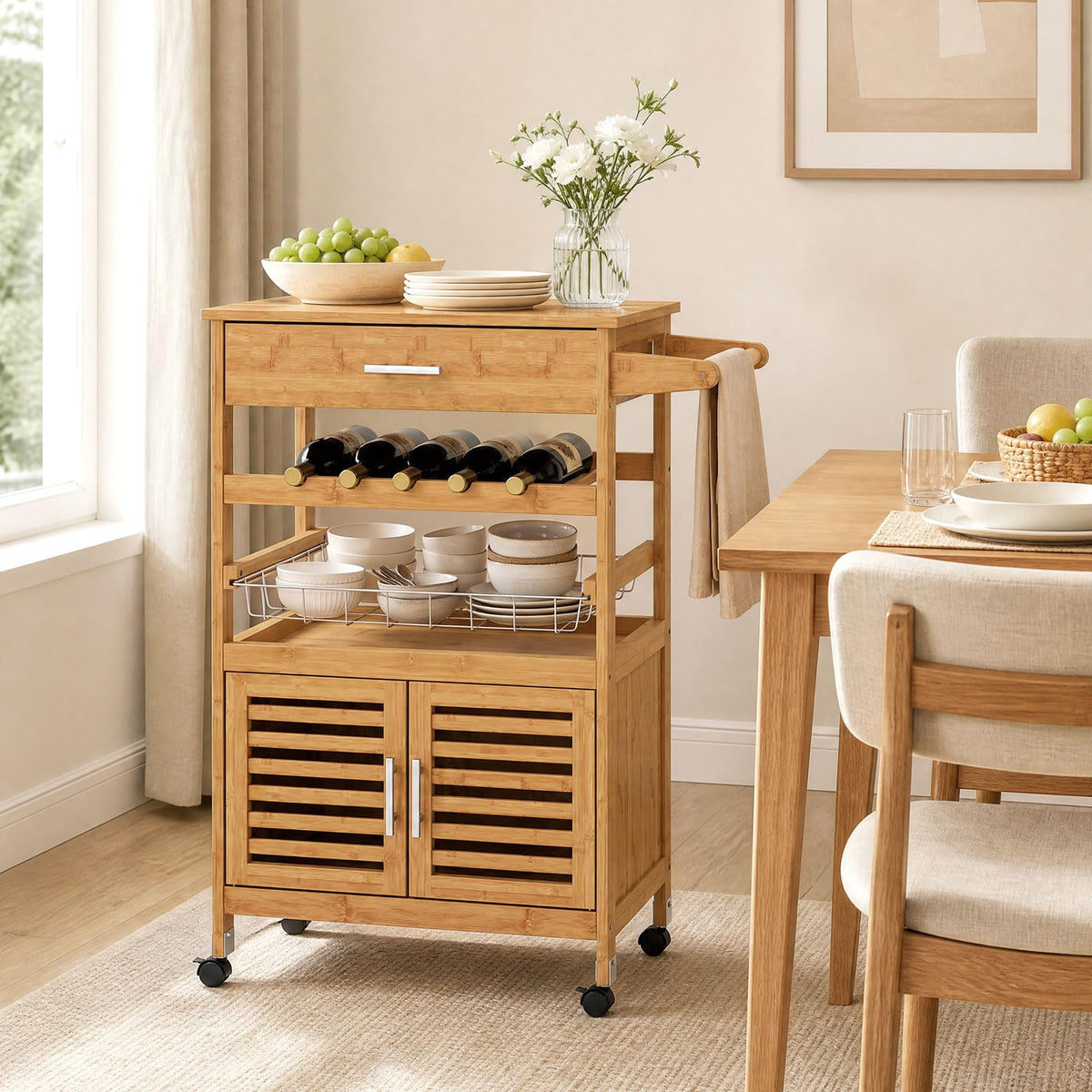 Giantex Bamboo Rolling Kitchen Island Trolley with Storage Cabinet