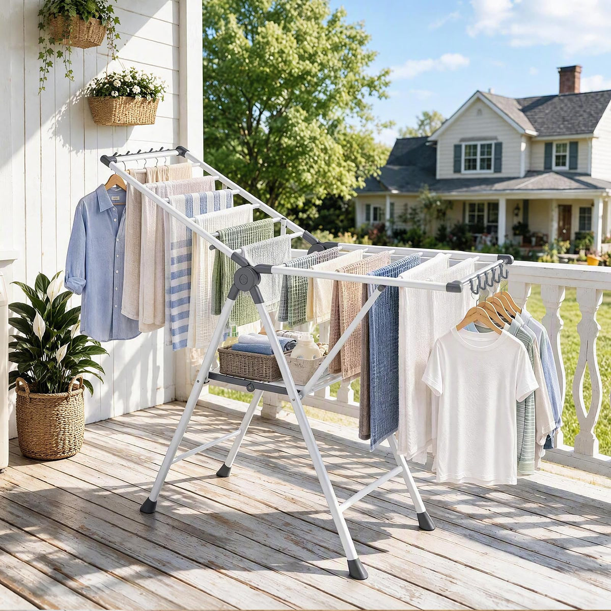 Foldable 2-Level Clothes Drying Rack with140 CM Adjustable Wings